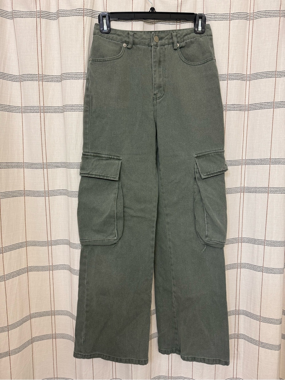 Olive Green Denim Cargo Wide-Leg Pants